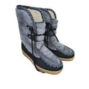 Snowland Vintage Snow Boots 7 Womens Grey Mid Calf Lace Up Round Toe Warm